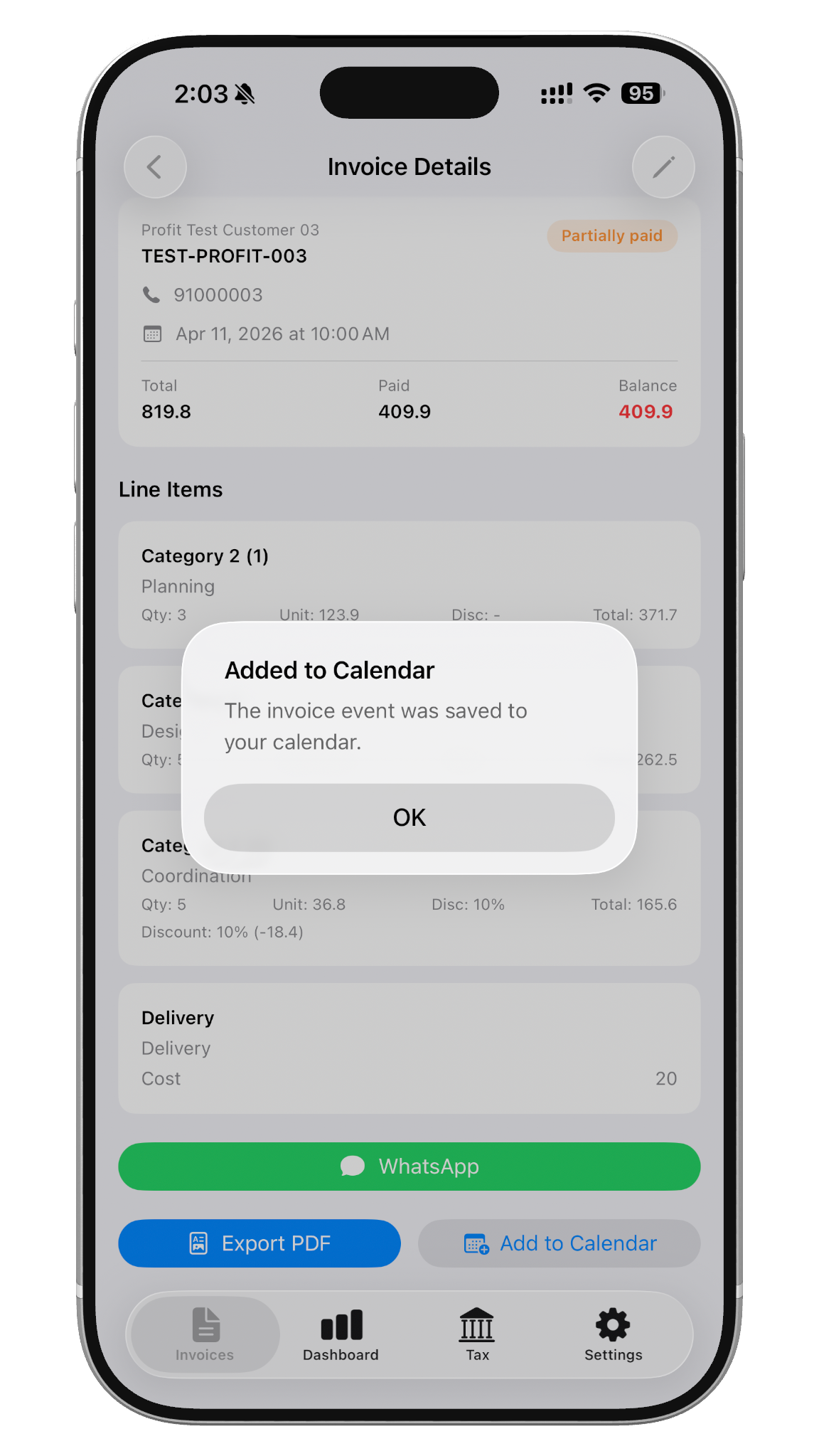 Confirmation that an invoice event was added to the calendar