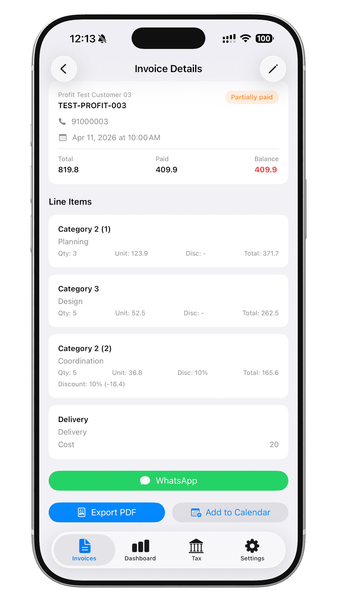 Invoice detail with line items and sharing actions