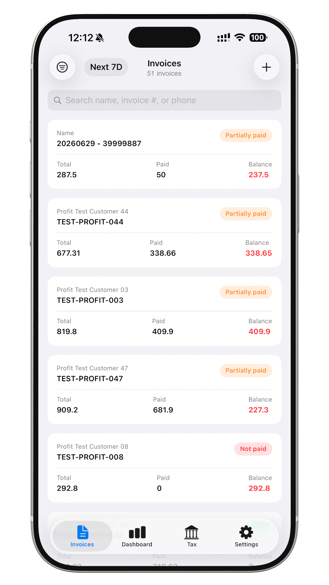 Invoice system dashboard and invoice list on iPhone