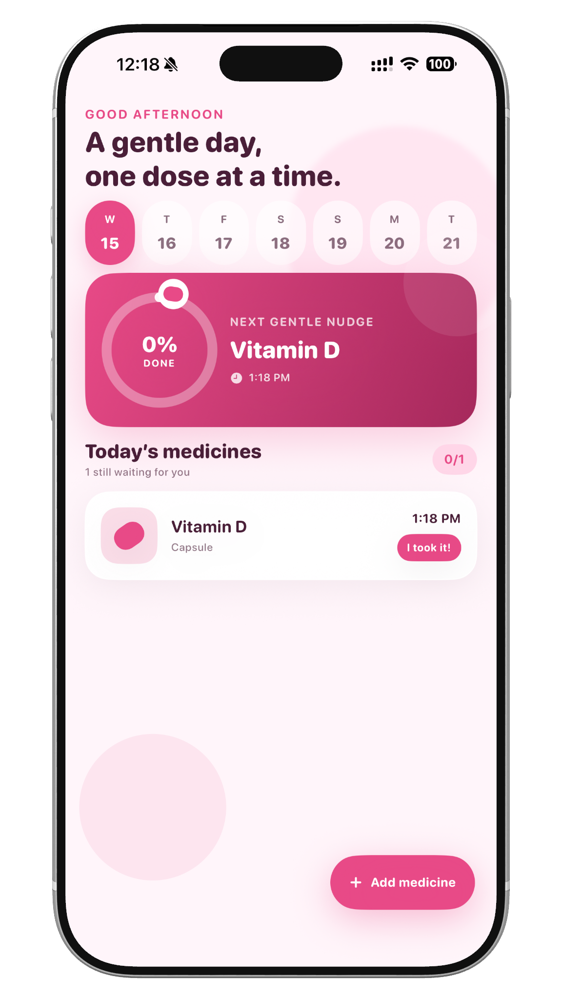 Medication reminder home screen and add medicine form on iPhone